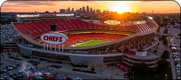 Arrowhead Stadium in sunset (Aerial view).