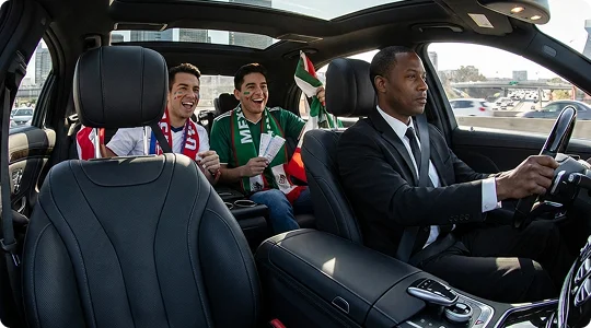 Two football fans cheering in the back seat of a luxury car while their suited chauffeur is focused on driving. dual panoramic sunroof and side windows show city area with busy traffic, skyscrapers.
