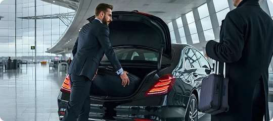 Chauffeur placing a black suitcase into a luxury car's trunk inside a sleek, modern airport terminal.
