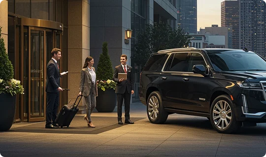Two suited chauffeurs greet a woman in a gray business suit with luggage as a black Cadillac Escalade awaits by the curb.