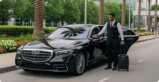 A black Mercedes sedan parked curbside with a suited chauffeur holding a suitcase near a palm-lined entrance.