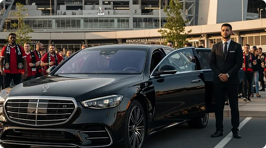 A chauffeur in a black suit stands by an open door of a black Mercedes-Benz sedan as fans in red and green jerseys walk toward a large stadium.