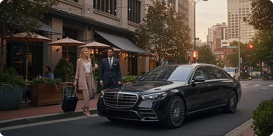 A professionally dressed woman exits a restaurant, and a chauffeur standing beside a black Mercedes S-Class sedan.