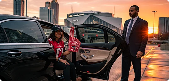 A baseball fan comfortable exits a luxury black sedan while a chauffeur holds the door open. Distant background view shows the Mercedes-Benz stadium ambiently lit by sunset alonside few modern skyscrapers.