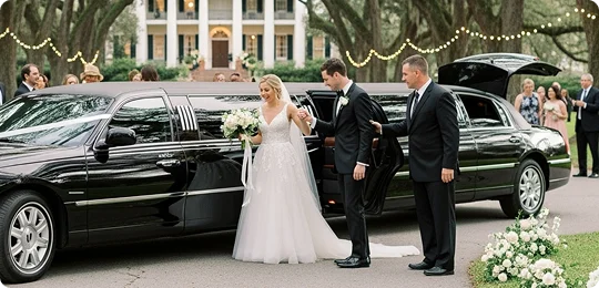 A bride steps out of a black stretch limo, assisted by her groom, with guests and florals framing the venue.