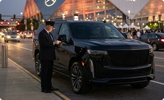 An aged suited chauffeur looks at his tablet PC as he stands beside a luxury black SUV parked outside Mercedes-Benz stadium at night. Background shows cars with their headlights on and crowd outside the stadium entrance.