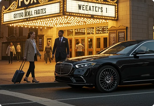 Outside a brightly lit theater, a woman with a carry-on walks toward a black Mercedes S-Class beside her chauffeur.