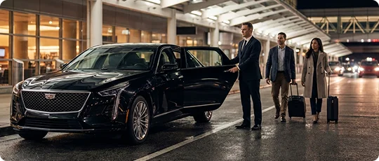 A modern couple in moderate casual dressing walks towards a parked black Cadillac CT6 with rolling suitcases. A chauffeur holds the rear door of the car open. Background apparently shows an airport terminal.