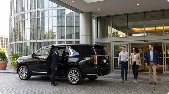 A chauffeur in a suit holds open the door of a black luxury SUV for three business professionals walking out of a modern building.