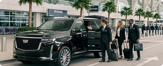 A Cadillac SUV pulls up at the terminal as a chauffeur greets two business travelers with rolling luggage.