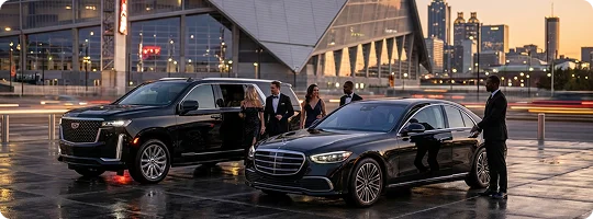 A chauffeur in a tuxedo opens the door of a black Mercedes-Benz sedan for guests in formal wear, with a black Cadillac Escalade parked alongside and a city skyline at sunset in the background.