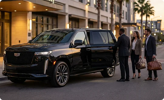 A young couple holdinh handbags and casually dressed is about to enter a parked black Cadillac Escalade with its rear door open, held by a suited chauffeur for them both. Background shows palm tress lined beside a wall of a hotel building deeply illuminated by warm lights.