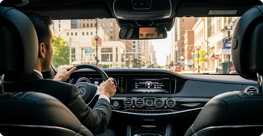 Rear side view of a chauffeur focused on road while driving a private black car with modern black interior. City setting showing a traffic signal and buildings on both sides are visible in foreground of the picture from windscreen.