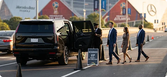 A chauffeur opens the door of a black SUV for three professionally dressed people walking toward it at a VIP entrance near a stadium.