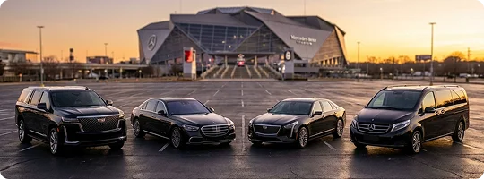 Stunning view of four private luxury cars parked in style outside Mercedes-Benz stadium during sunset.