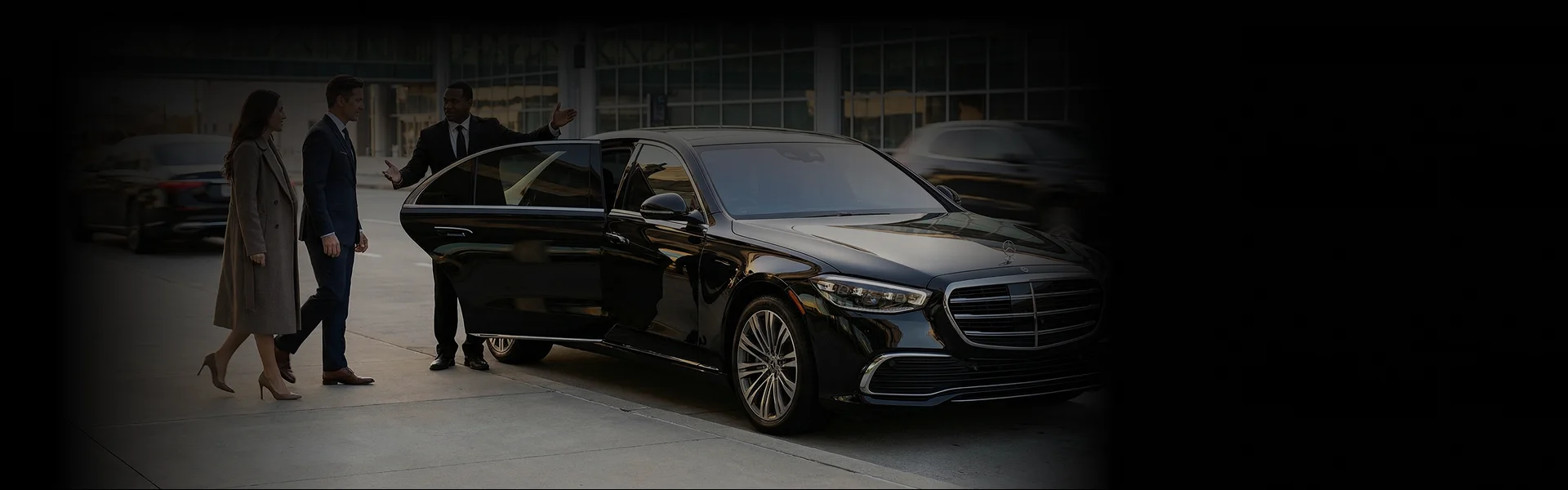 A chauffeur opens the rear door of a black Cadillac sedan for a well-dressed couple carrying a leather duffel bag and handbag at an airport terminal.